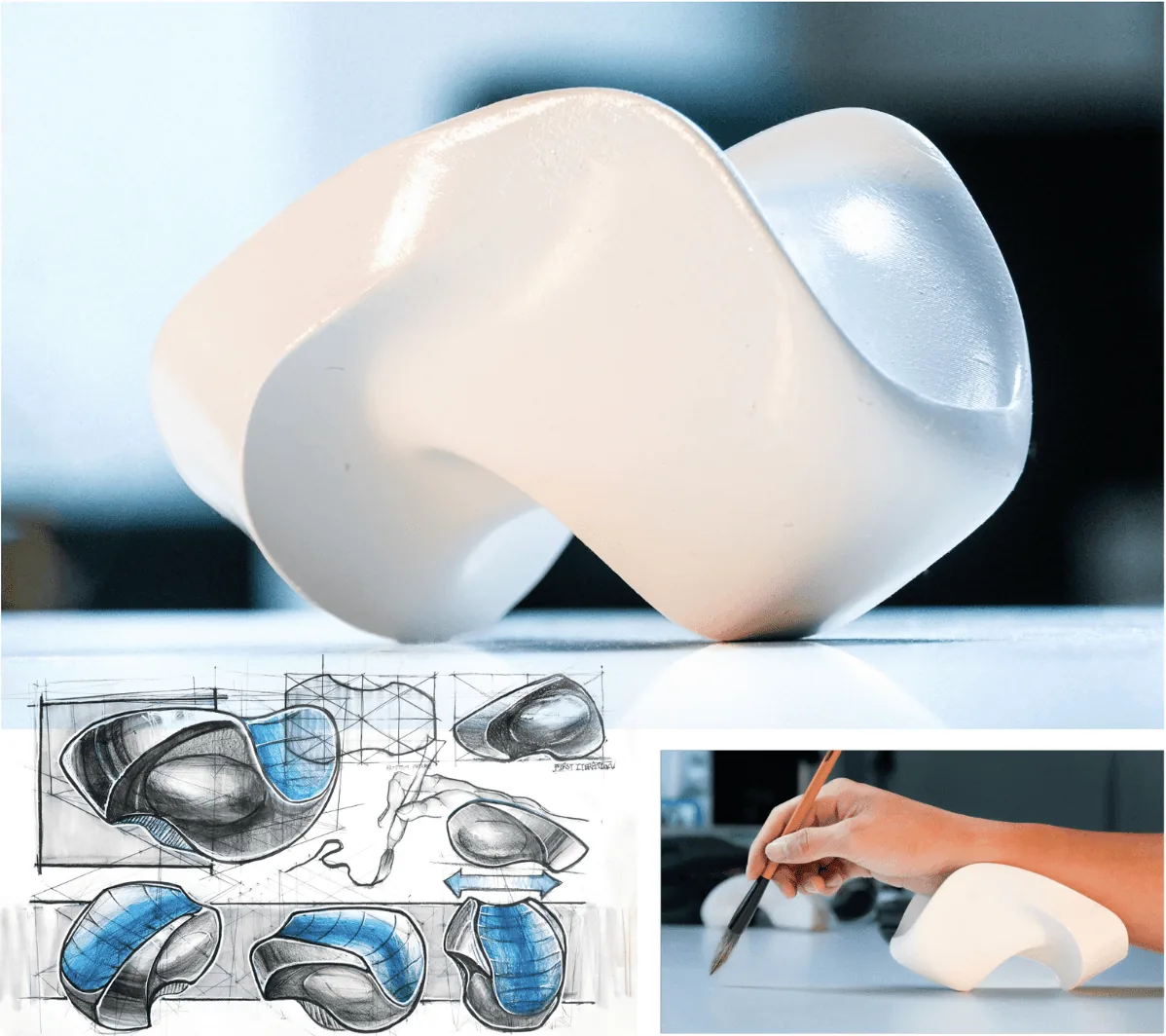 Student-designed white sculptural form with concept sketches and hand-sanding process photo