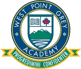 West Point Grey Academy crest with mountains and maple leaf